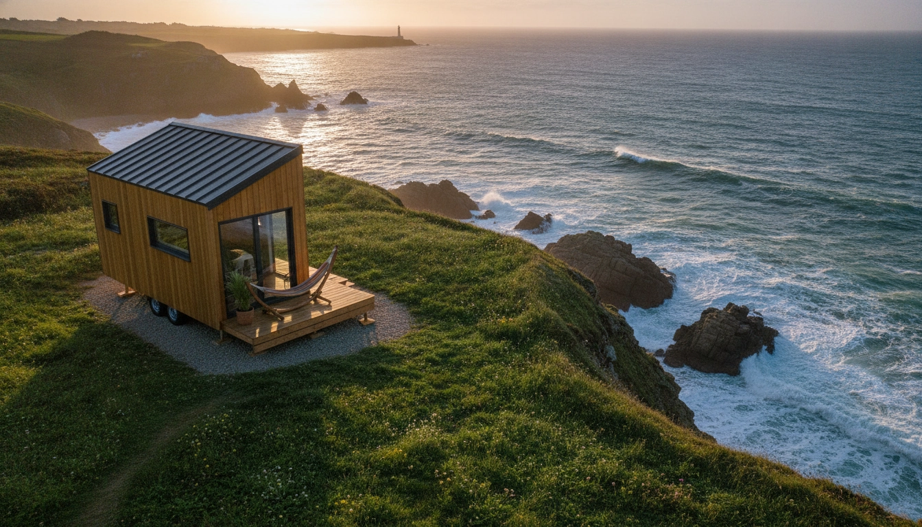 Une magnifique tiny house road trip itinéraire côtes bretonnes vue sur l'océan Atlantique.