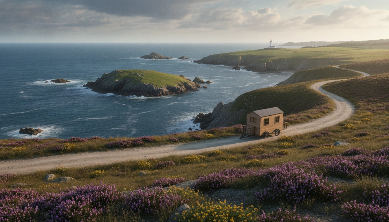 Une tiny house moderne garée face à un paysage spectaculaire lors d'un tiny house road trip itinéraire côtes bretonnes en France.