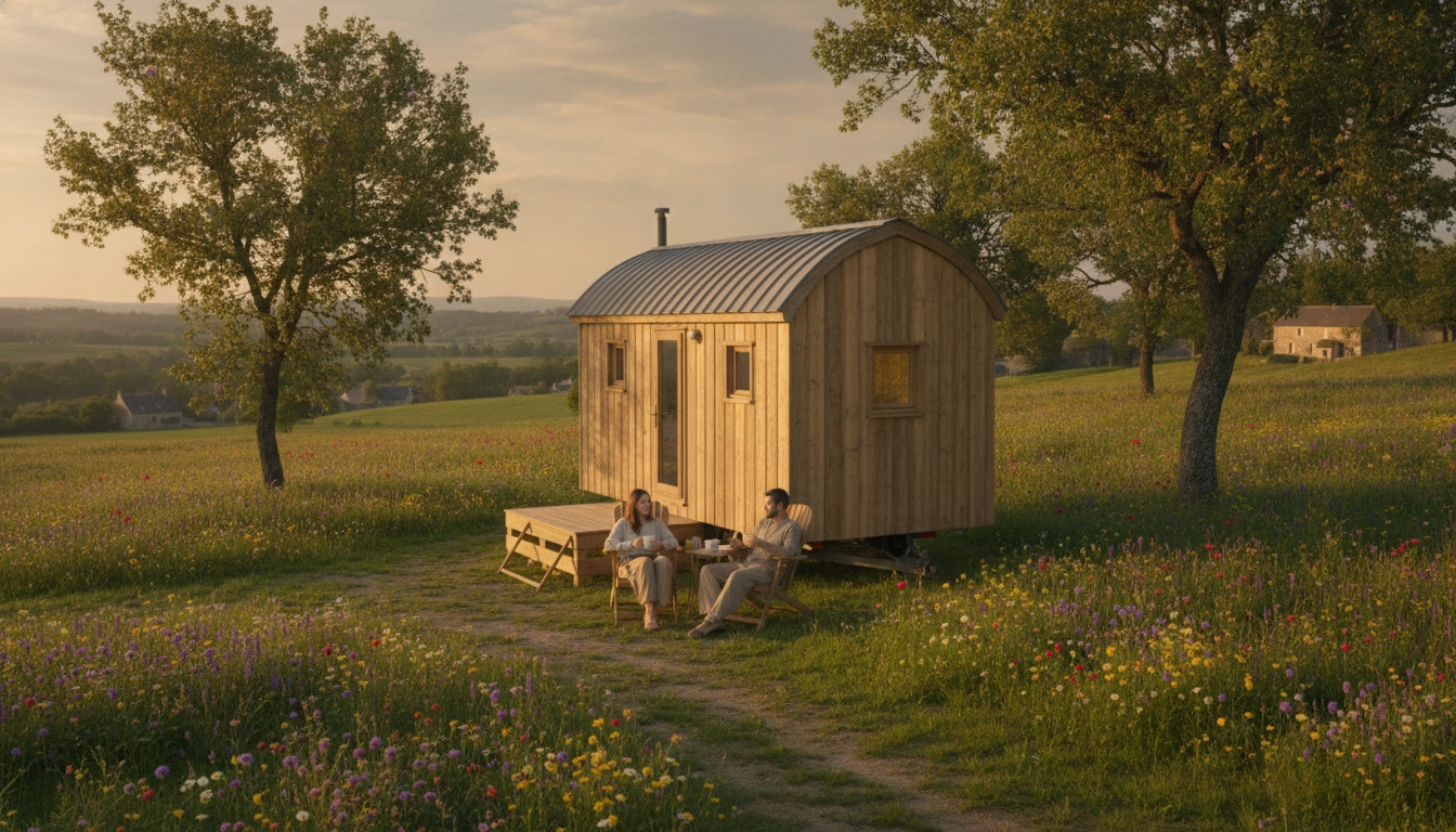 Tiny houses road trip en France : couple installé sur la terrasse d'une tiny house en pleine nature