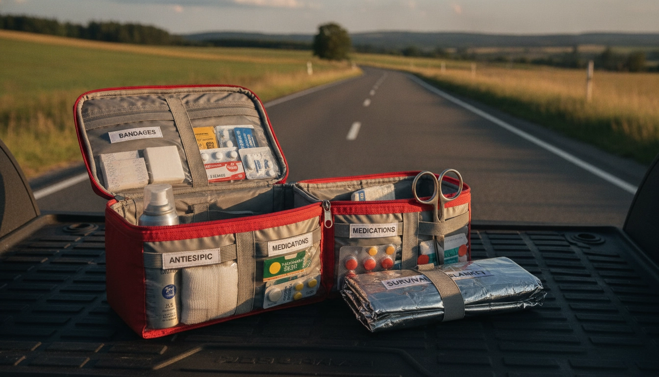 Trousse premiers secours road trip ouverte et bien organisée dans le coffre d'une voiture en pleine nature