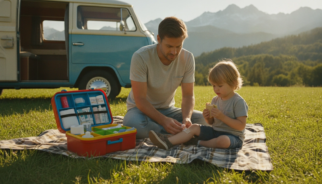 Parent soignant l'écorchure d'un enfant avec une trousse de premiers secours lors d'un road trip en famille