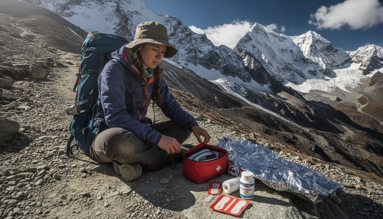 Voyageur en solo consultant sa trousse de premiers secours sur un sentier de montagne lors d'un road trip