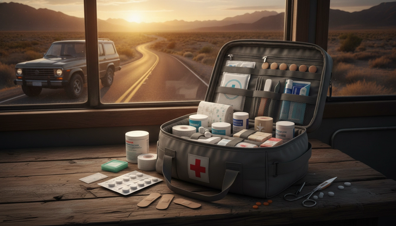 Trousse premiers secours road trip ouverte avec médicaments, pansements et matériel de soins organisés