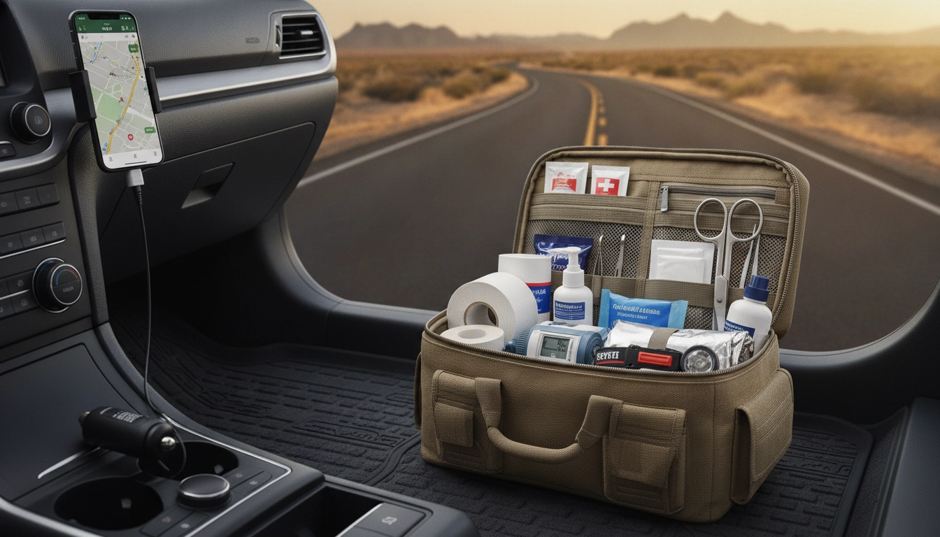 Une personne organisant une trousse de secours road trip que mettre dedans sur le siège d'une voiture.