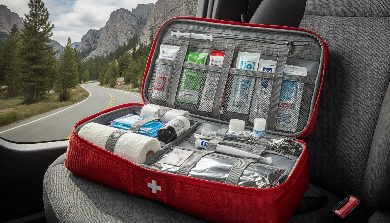 Exemple de ce qu'il faut mettre dans trousse secours road trip montagne pour voyager serein.