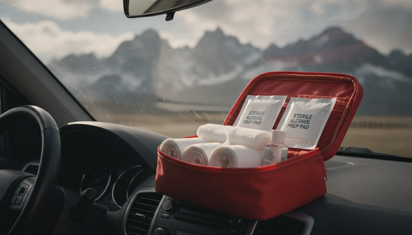 Le contenu essentiel d'une trousse de secours pour un road trip en montagne.