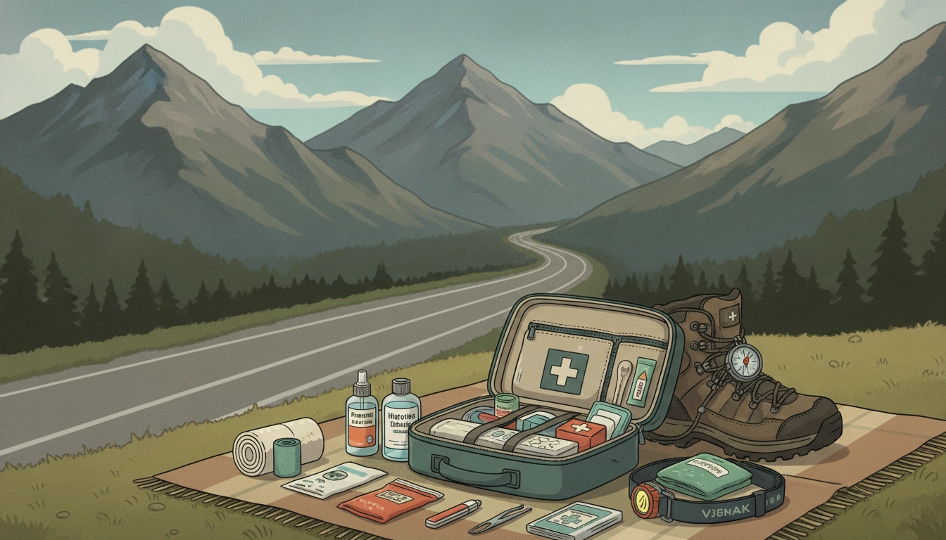 Une trousse de secours complète posée sur un tableau de bord de voiture avec une montagne en arrière-plan.