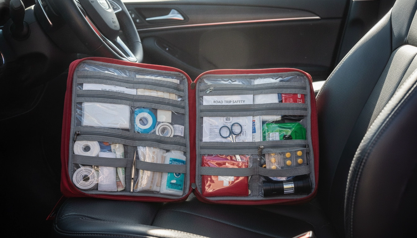 Une trousse de secours voiture road trip France bien organisée et prête à l'emploi.