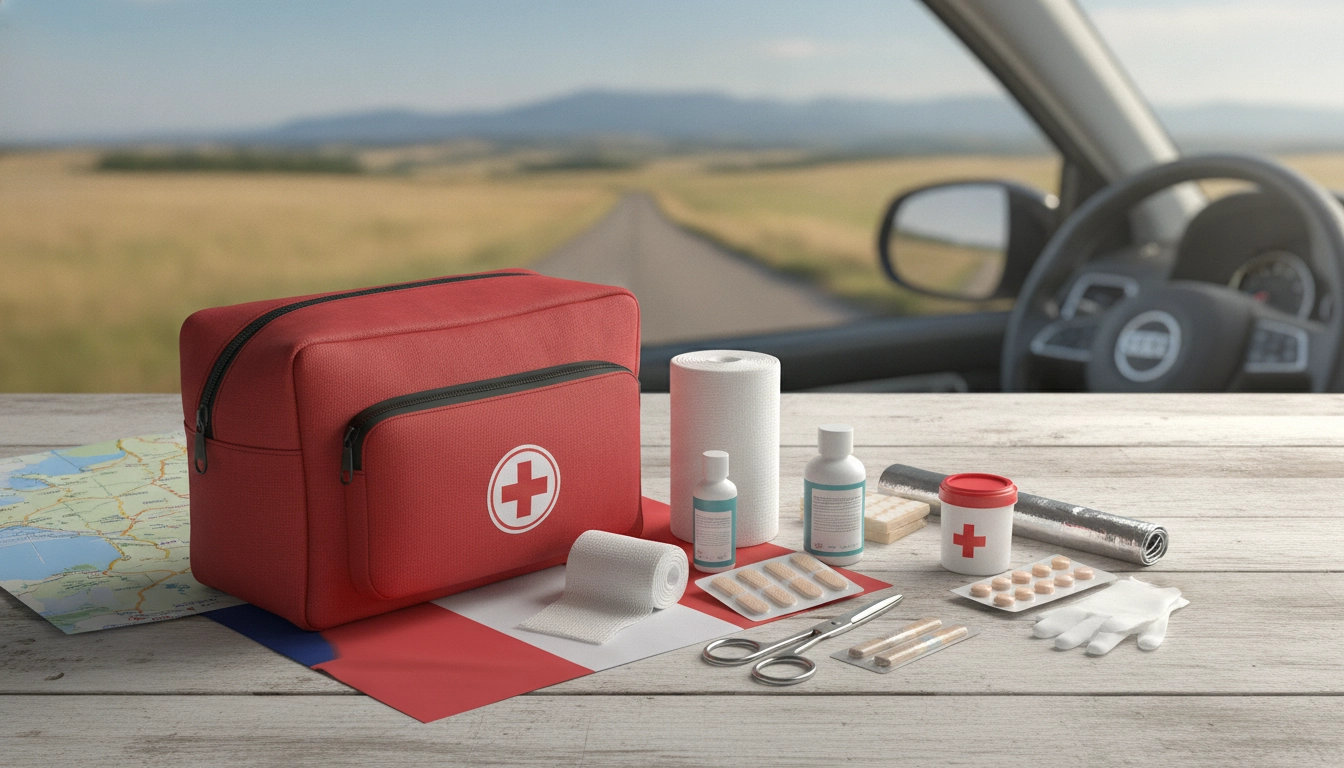Une trousse de secours voiture road trip France complète posée sur un siège de véhicule.