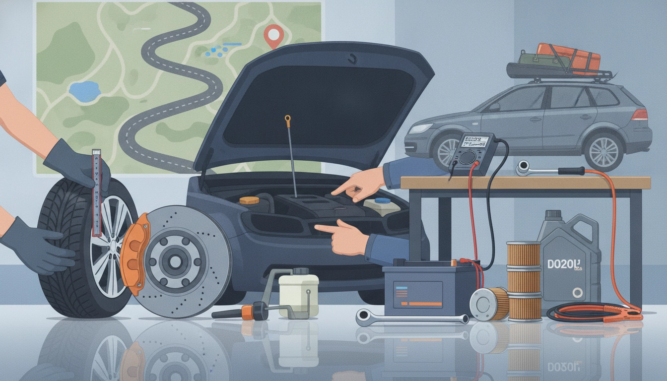 Un mécanicien effectuant les vérifications mécaniques essentielles avant départ road trip sur une voiture moderne.