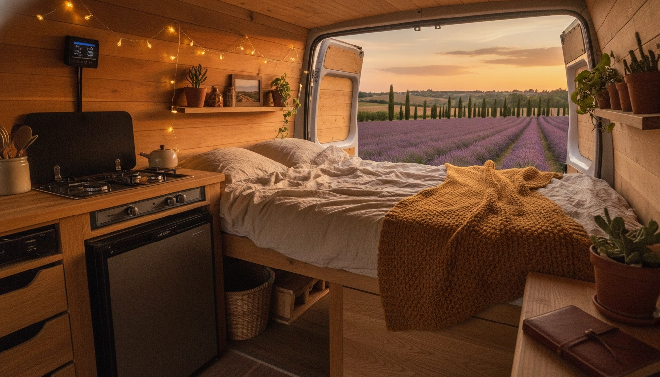 Intérieur aménagé d'un van pour la vie nomade en van avec cuisine, lit et éclairage chaleureux