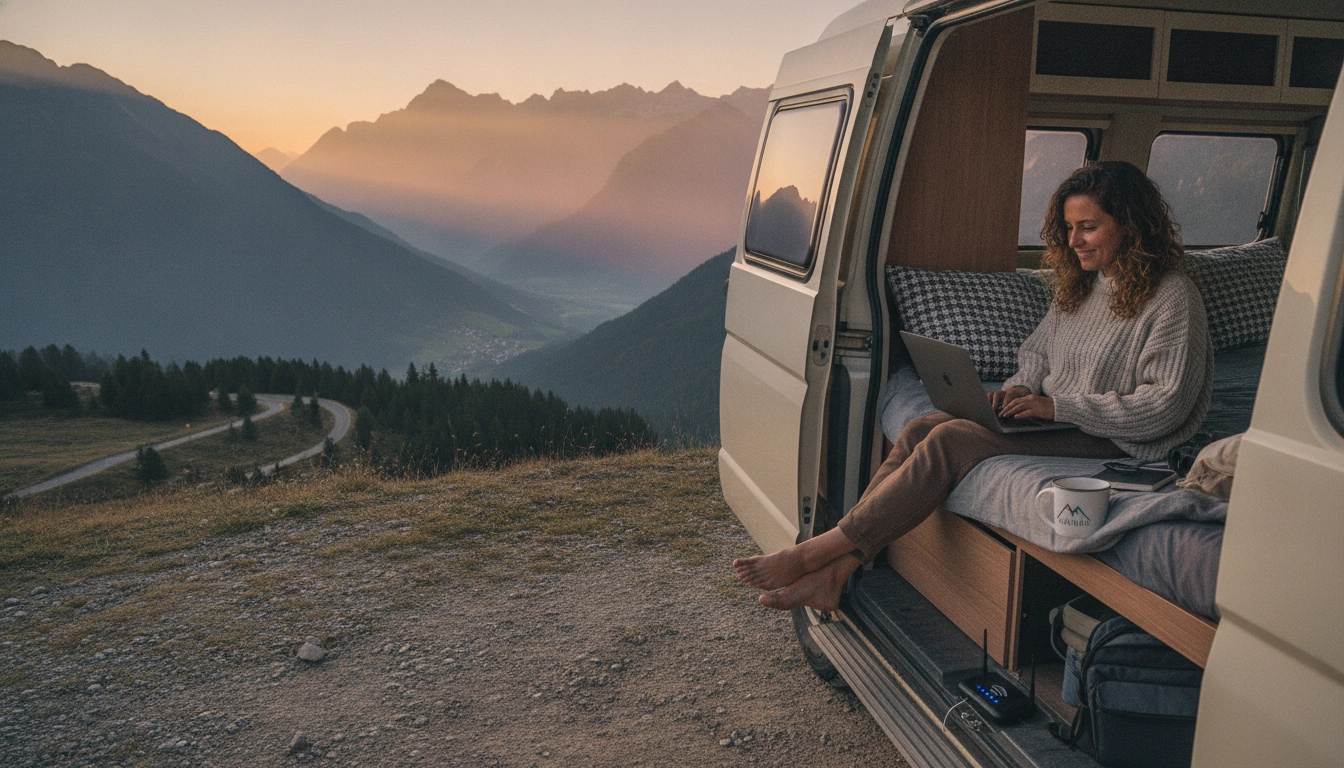 Personne travaillant à distance depuis son van aménagé avec vue sur les montagnes françaises