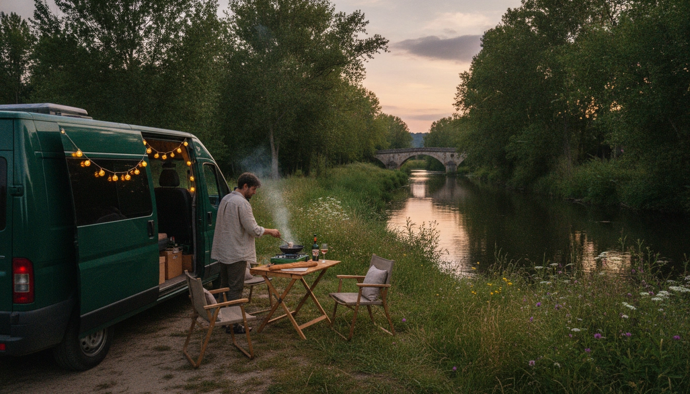 Van stationné au bord d'une rivière française avec repas préparé à l'extérieur, soirée nomade en van