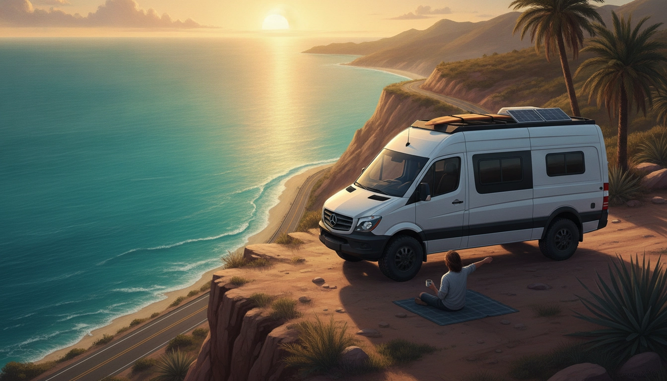 Van aménagé stationné dans un paysage naturel français pour la vie nomade en van