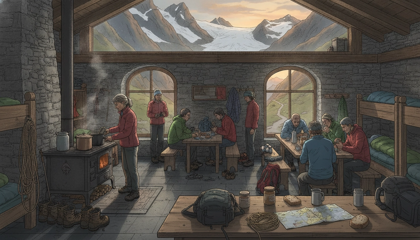 Un gardien de refuge préparant le repas dans une cuisine de haute montagne, illustrant la vie quotidienne dans un refuge de montagne gardé.